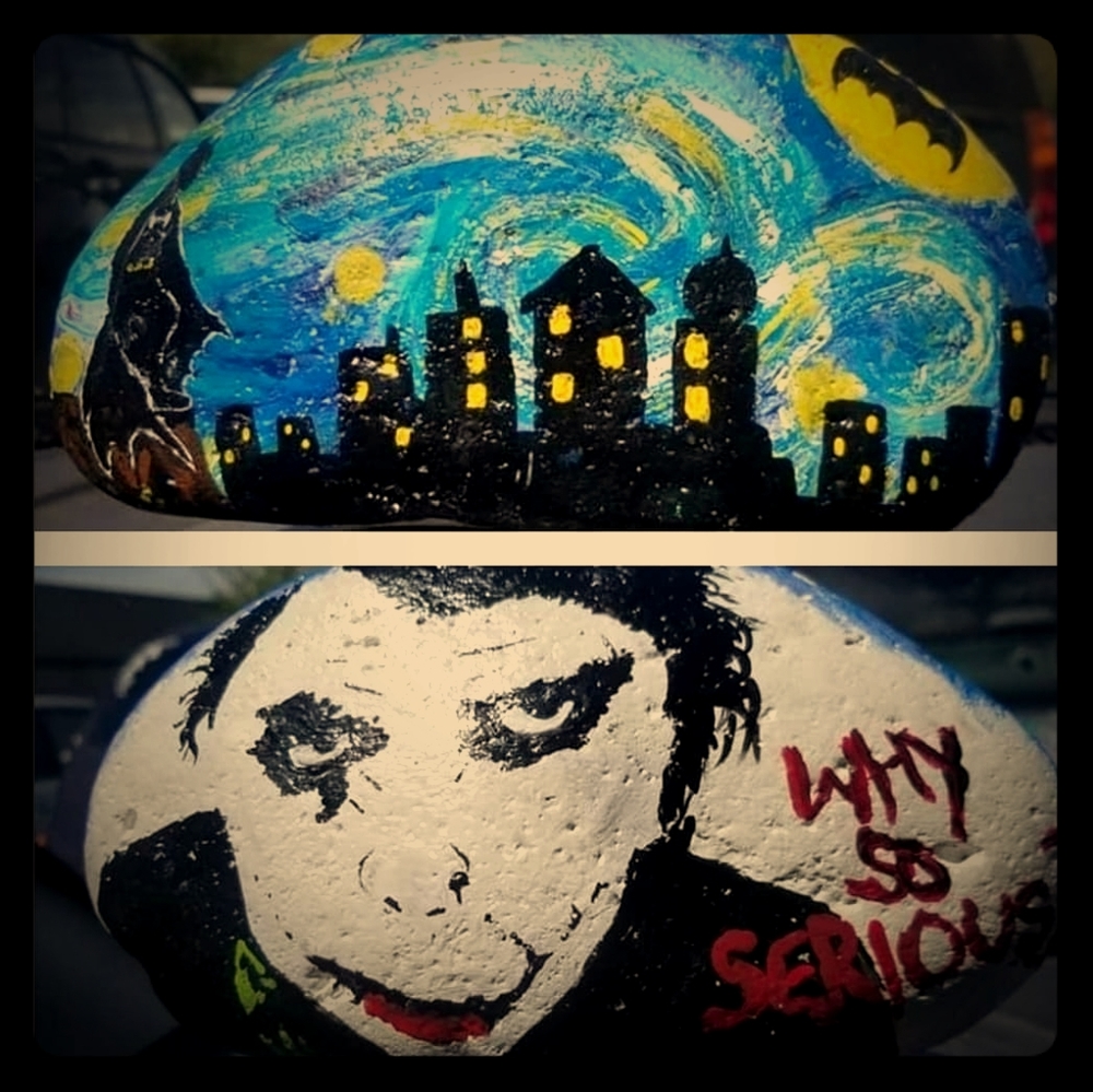Starry nights Batman/Joker painted rock